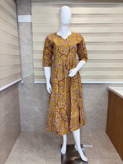 Mul Cotton Fabric Mustard Floral Paisley Print Non Feeding Maxi