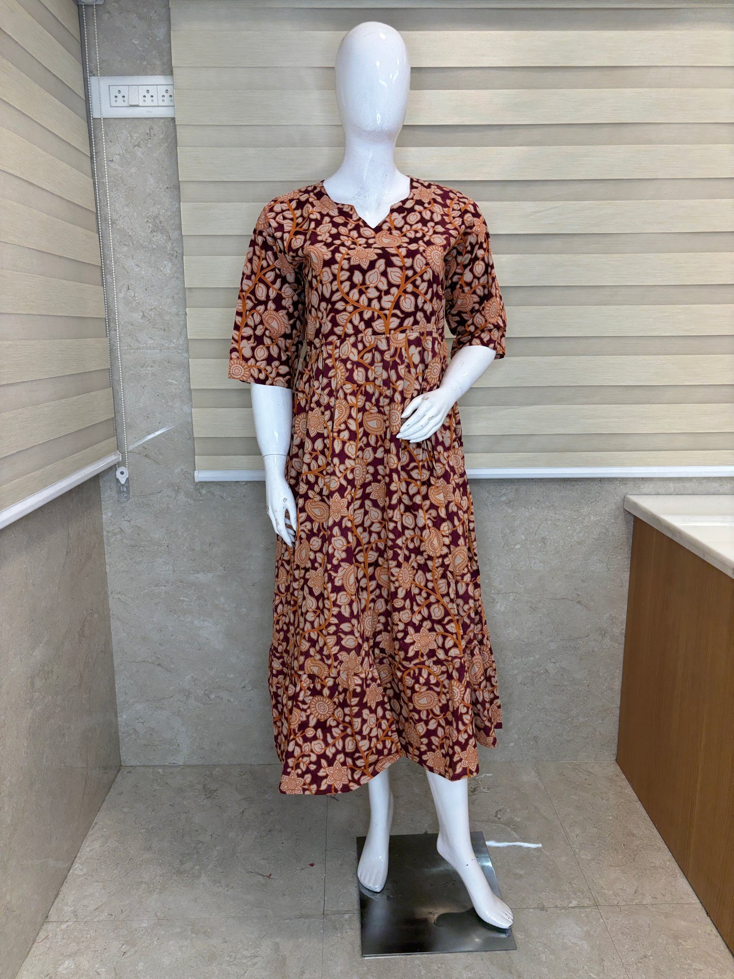 Mul Cotton Fabric Maroon Floral Paisley Print Non Feeding Maxi