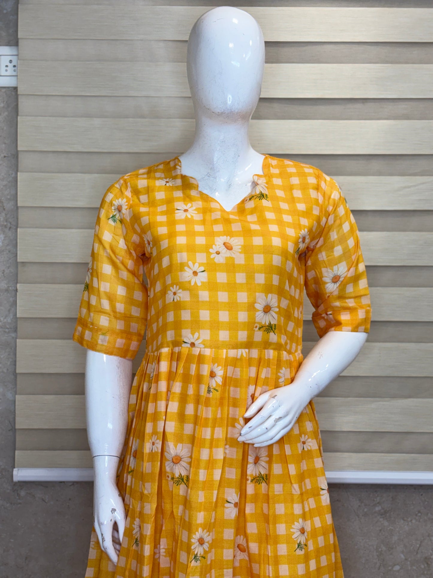 Mul Cotton Fabric Mustard Checkered Daisy Print Non Feeding Maxi