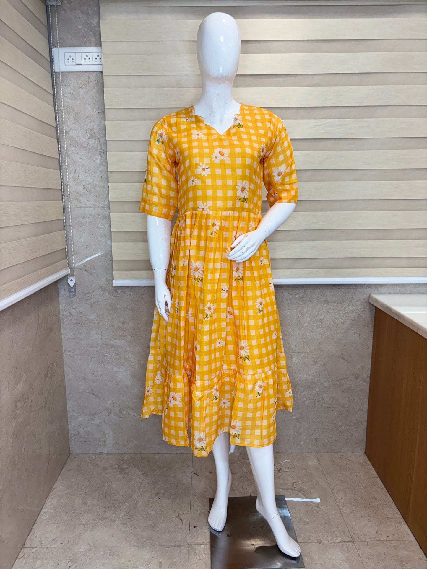 Mul Cotton Fabric Mustard Checkered Daisy Print Non Feeding Maxi