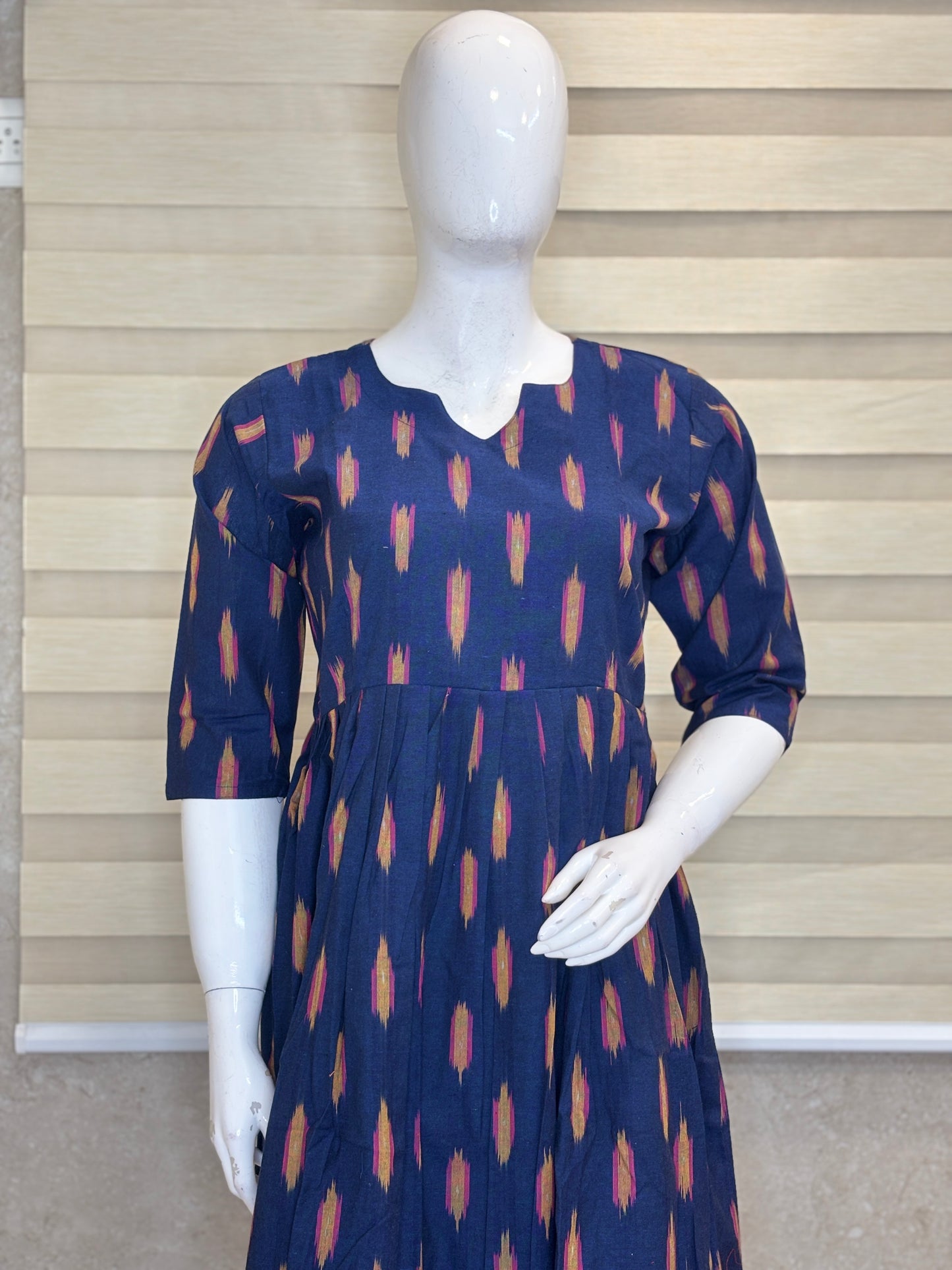 Mul Cotton Fabric Navy Blue Ikat Dash Print Non-Feeding Maternity Maxi