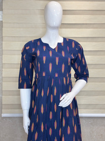 Mul Cotton Fabric Navy Blue Ikat Dash Print Non-Feeding Maternity Maxi