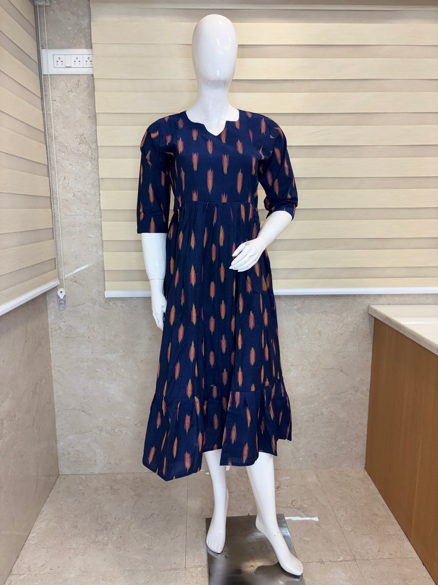 Mul Cotton Fabric Navy Blue Ikat Dash Print Non-Feeding Maternity Maxi
