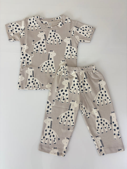 Beige Giraffe Print Kids Cotton T-Shirt & Pant Co-Ord Set