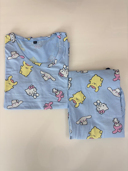 Powder Blue Cute Character Print T-Shirt with 3/4th Co-ords