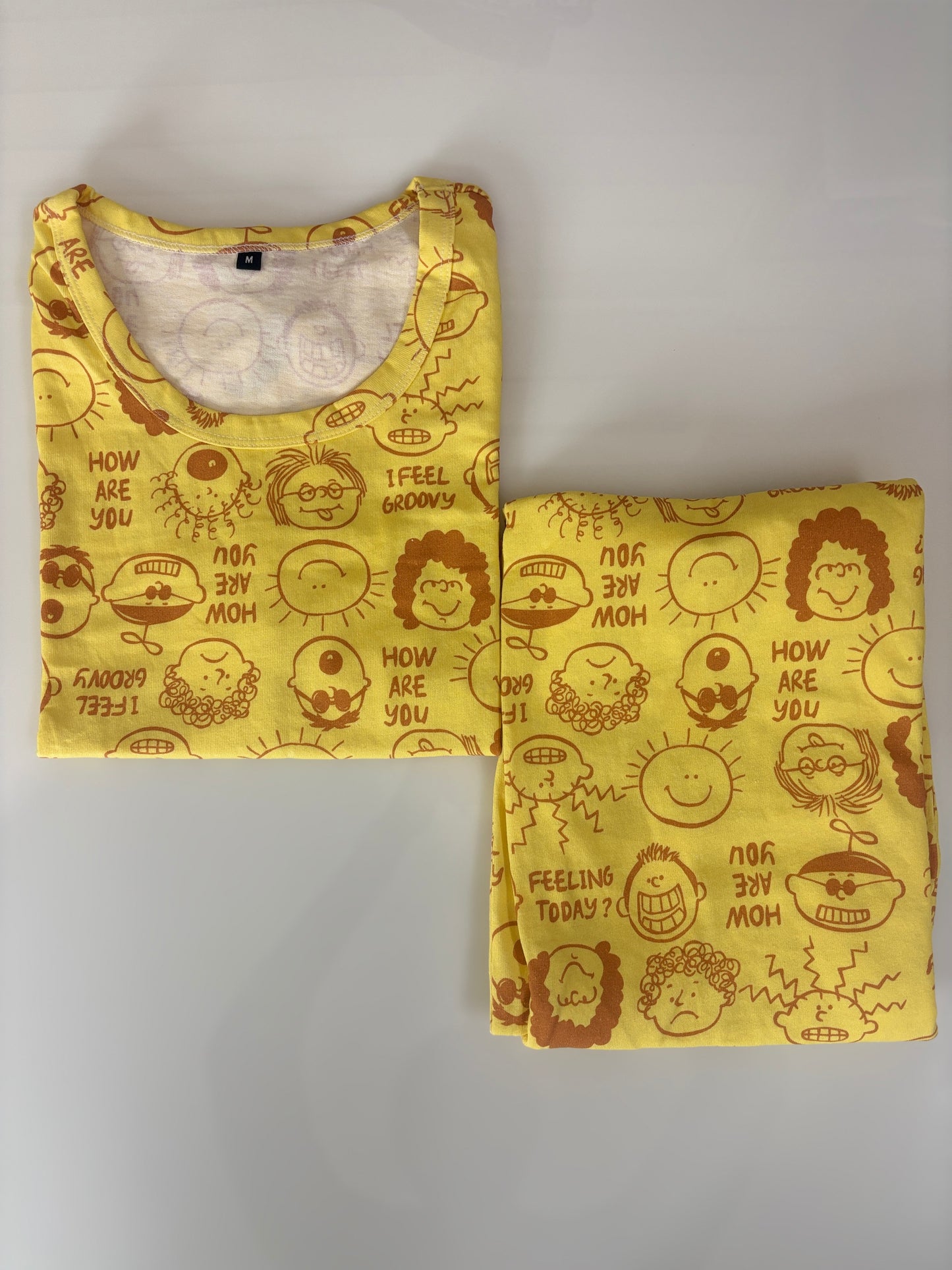 Mustard Yellow Emoji Doodle Print T-Shirt with 3/4th Co-ords