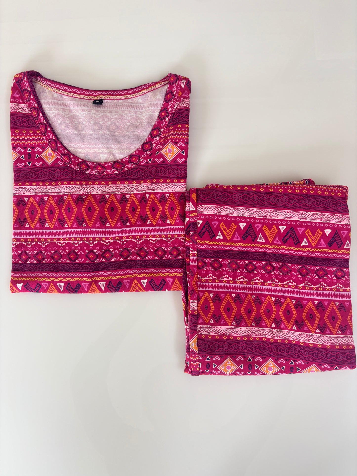 Raspberry Wine Tribal Geometric Print T-Shirt with 3/4th Co-ords