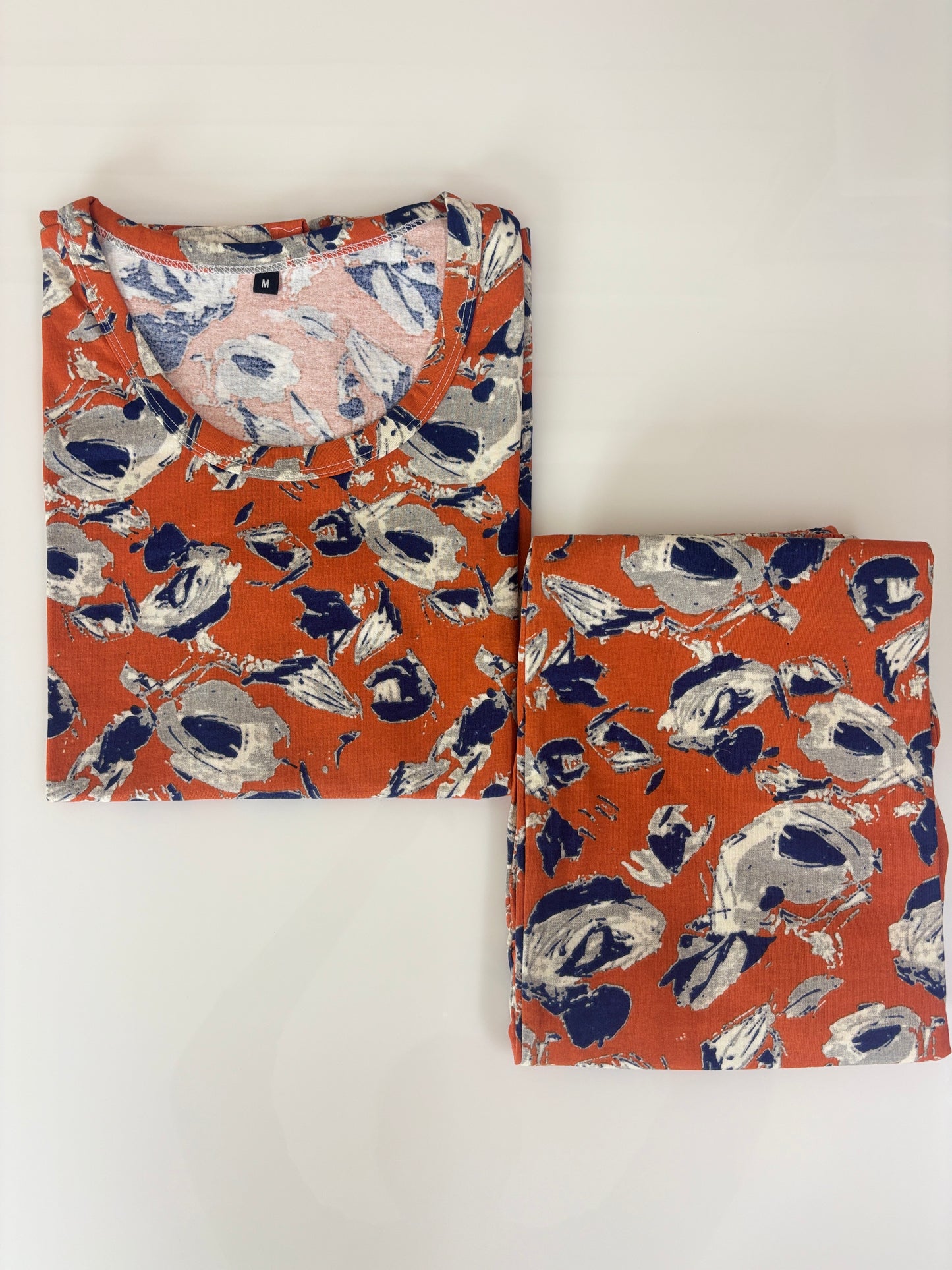 Rust Orange Abstract Floral Print T-Shirt with 3/4th Co-ords