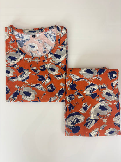 Rust Orange Abstract Floral Print T-Shirt with 3/4th Co-ords