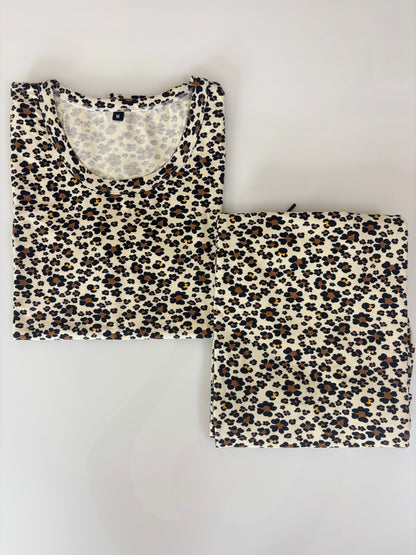 Sand Beige Leopard Print T-Shirt with 3/4th Co-ords