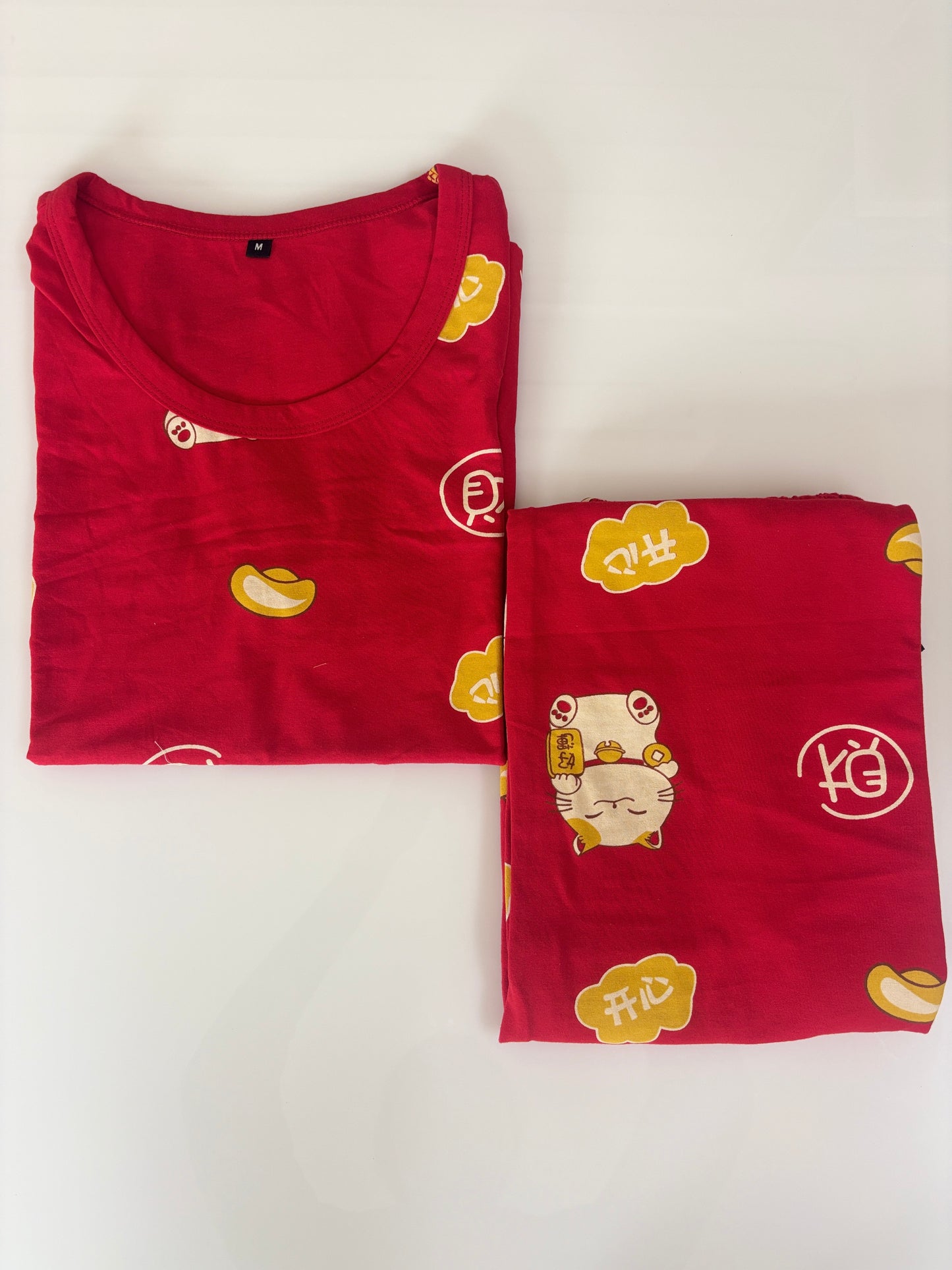Cherry Red Lucky Cat Print T-Shirt with 3/4th Co-ords