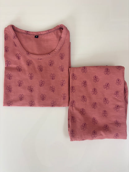 Dusty Rose Tiny Floral Butti Print T-Shirt with 3/4th Co-ords