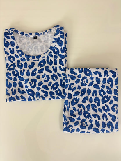 Cobalt Blue Leopard Print T-Shirt with 3/4th Co-ords