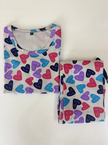 Lavender Mist Multicolor Heart Print T-Shirt with 3/4th Co-ords