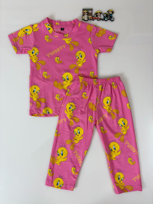 Magenta With Tweety Bird Printed T-Shirt and Pant Co-ords