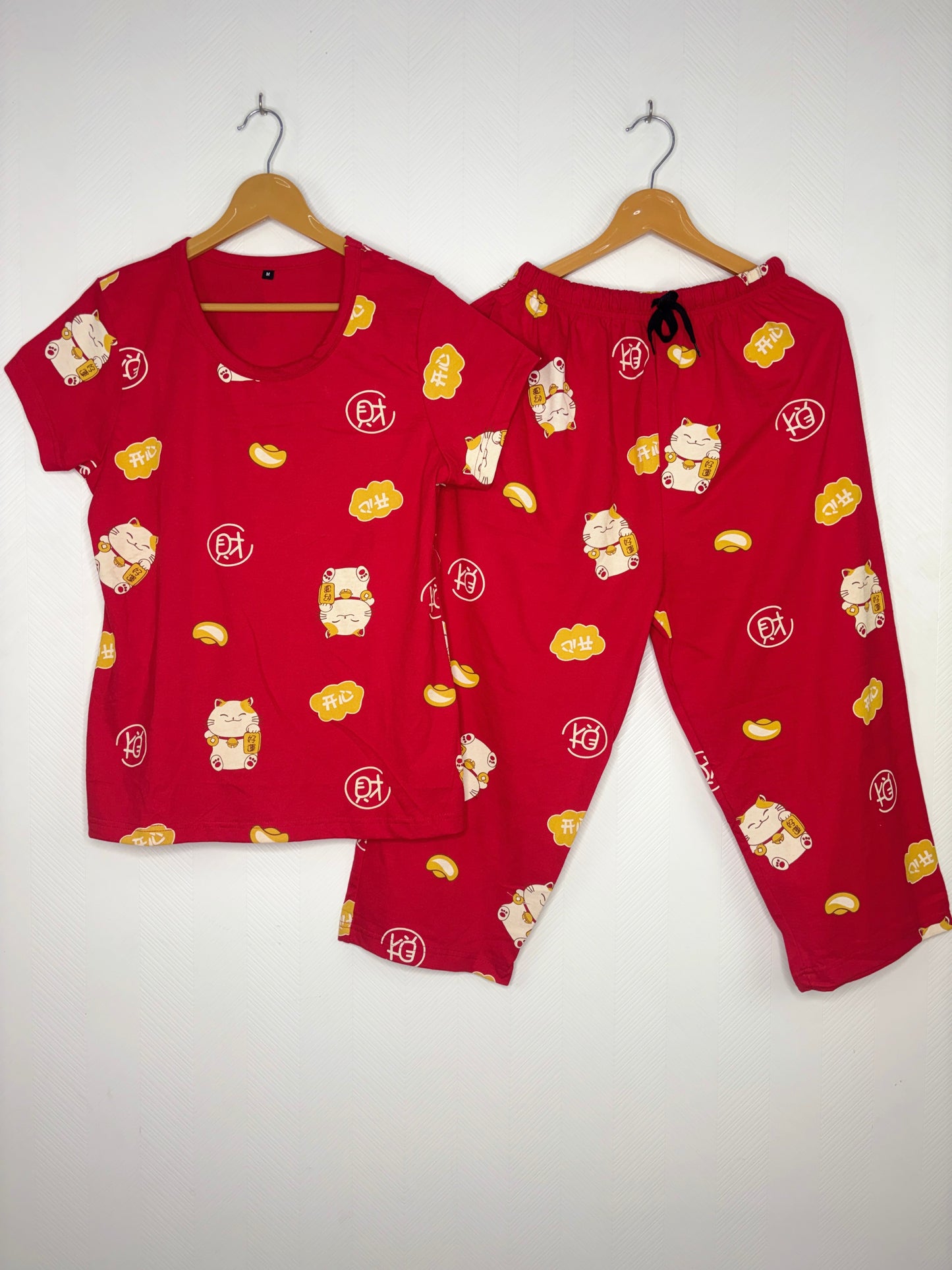 Cherry Red Lucky Cat Print T-Shirt with 3/4th Co-ords