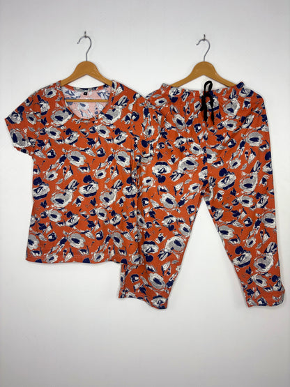 Rust Orange Abstract Floral Print T-Shirt with 3/4th Co-ords
