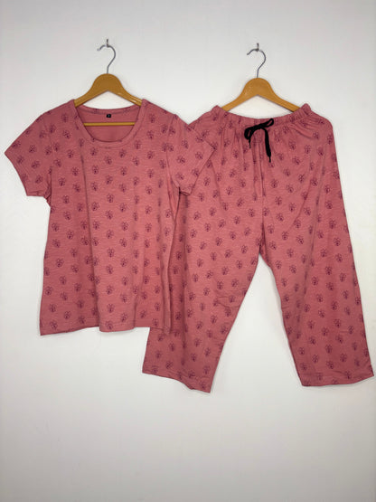 Dusty Rose Tiny Floral Butti Print T-Shirt with 3/4th Co-ords