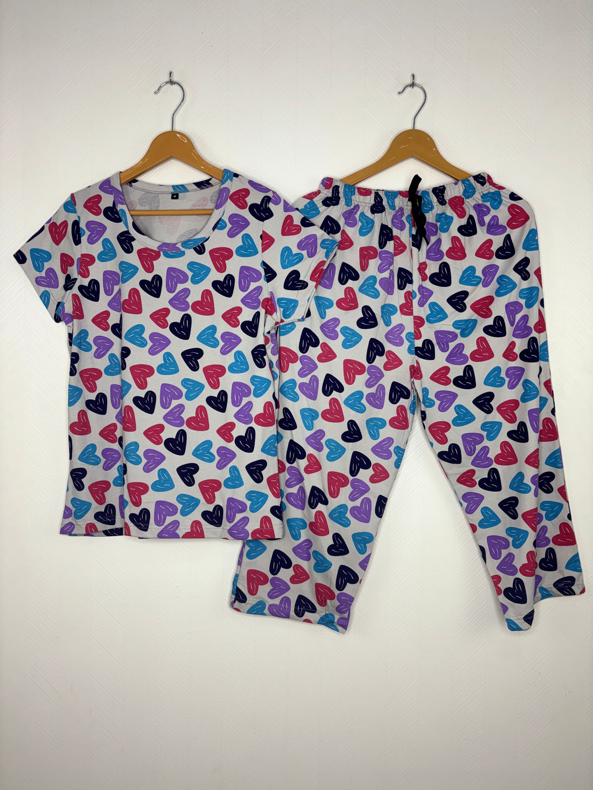Lavender Mist Multicolor Heart Print T-Shirt with 3/4th Co-ords