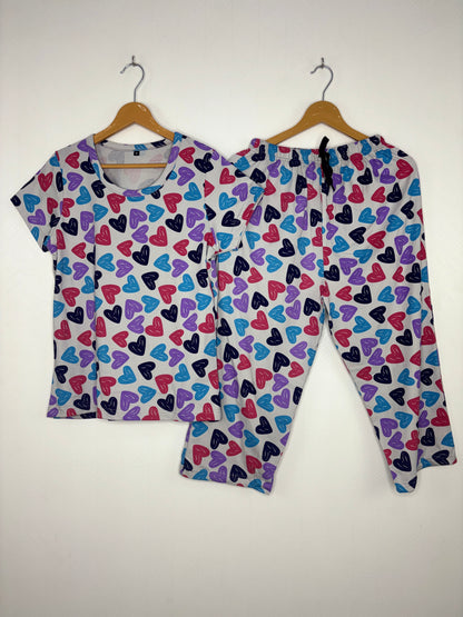 Lavender Mist Multicolor Heart Print T-Shirt with 3/4th Co-ords