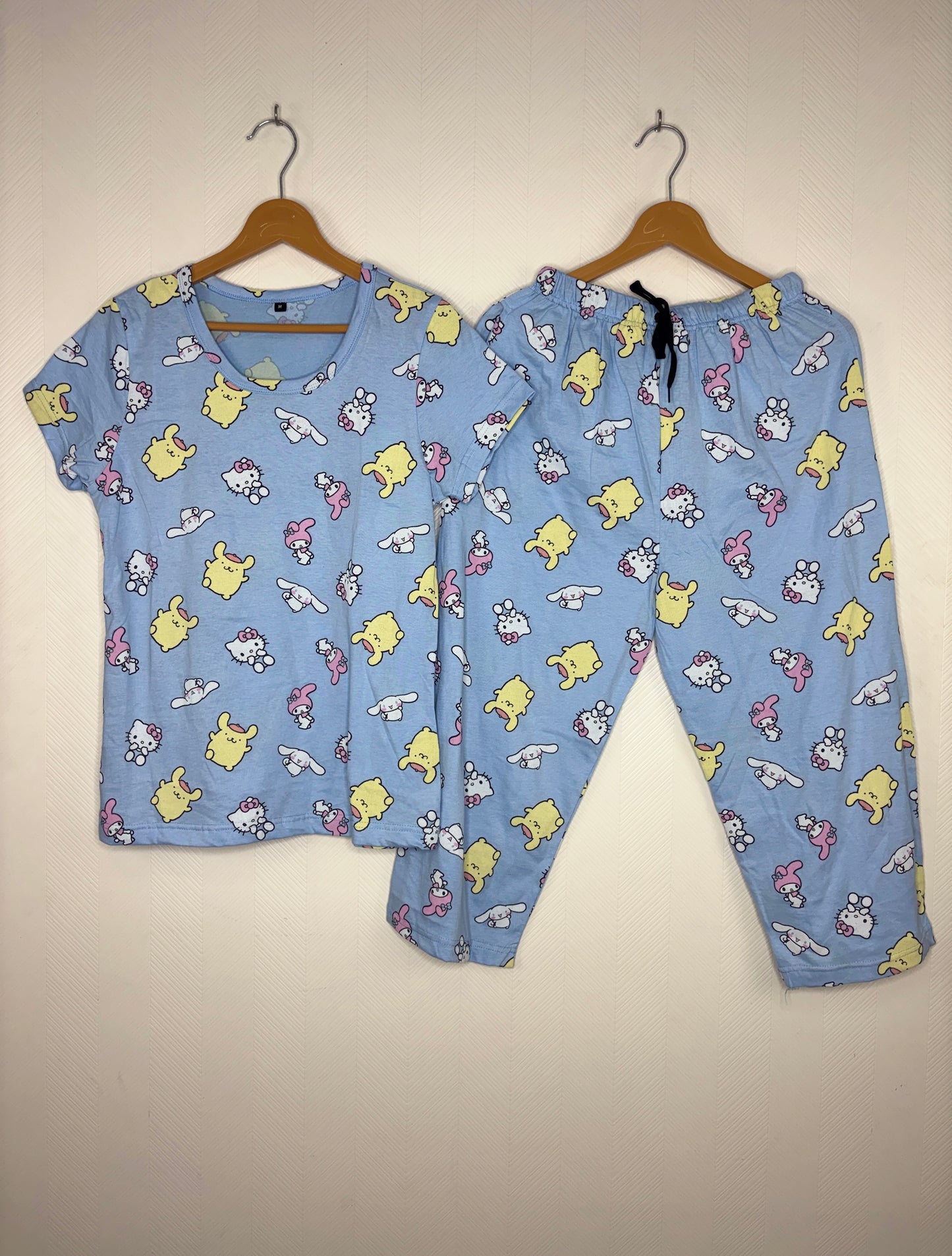 Powder Blue Cute Character Print T-Shirt with 3/4th Co-ords
