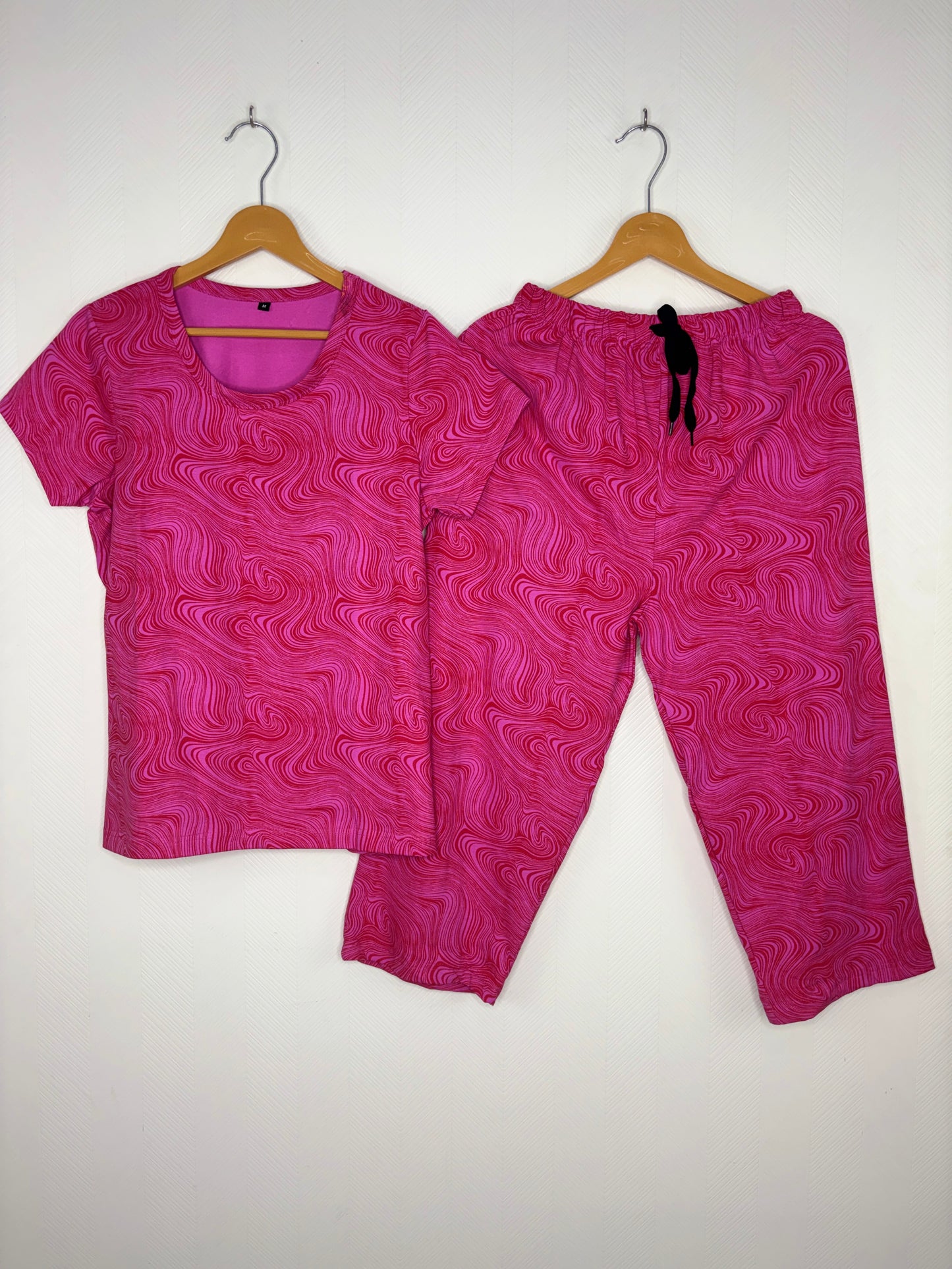Magenta Pink Marble Swirl Print T-Shirt with 3/4th Co-ords
