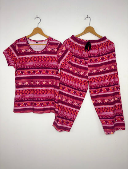 Raspberry Wine Tribal Geometric Print T-Shirt with 3/4th Co-ords
