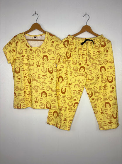 Mustard Yellow Emoji Doodle Print T-Shirt with 3/4th Co-ords