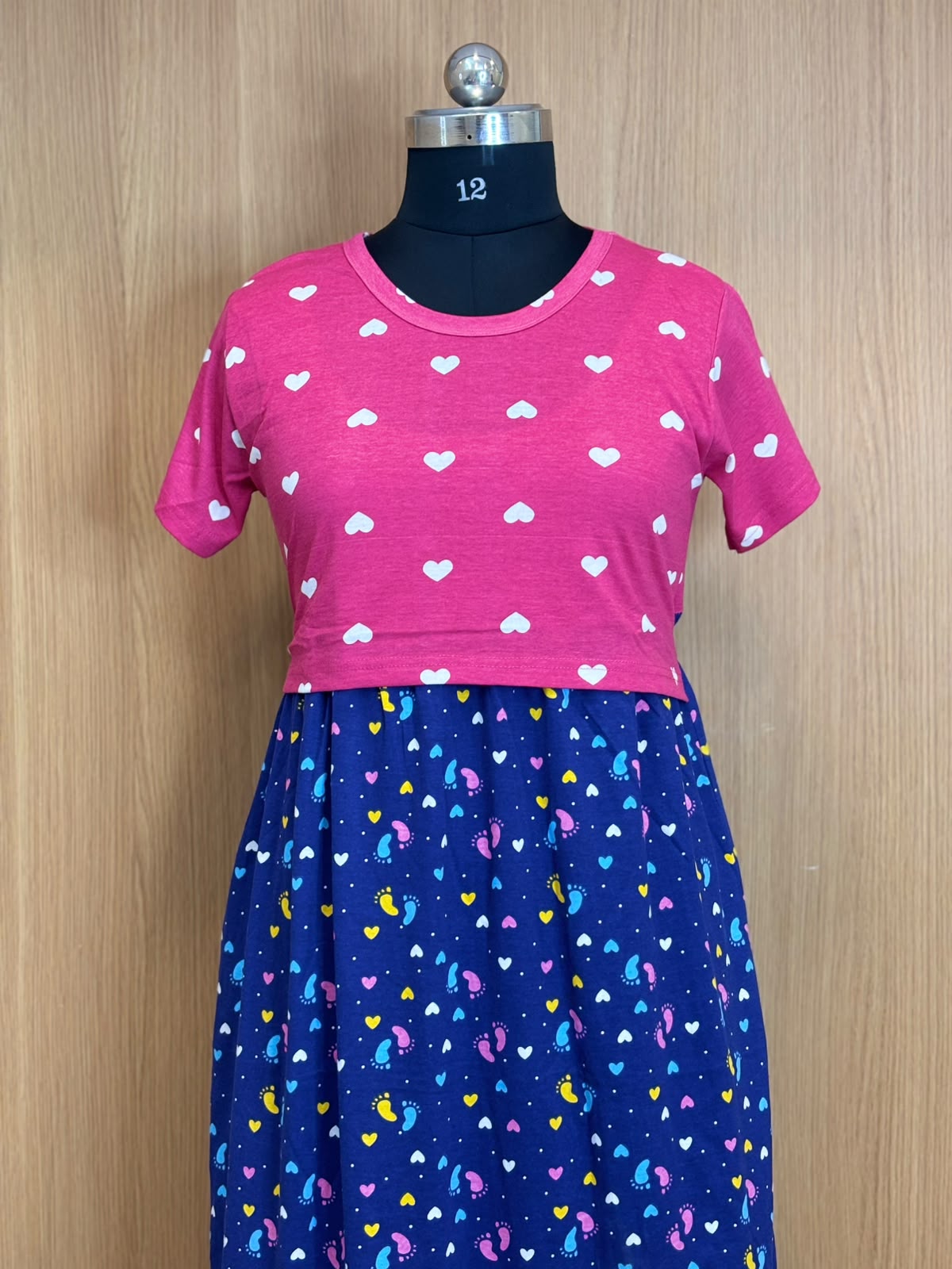 Pink & Navy Blue Heart and Paisley Print Round Neck Half Sleeve Dual Color Maxi