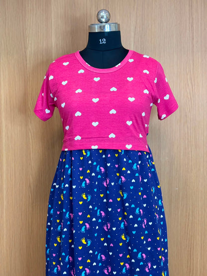 Pink & Navy Blue Heart and Paisley Print Round Neck Half Sleeve Dual Color Maxi