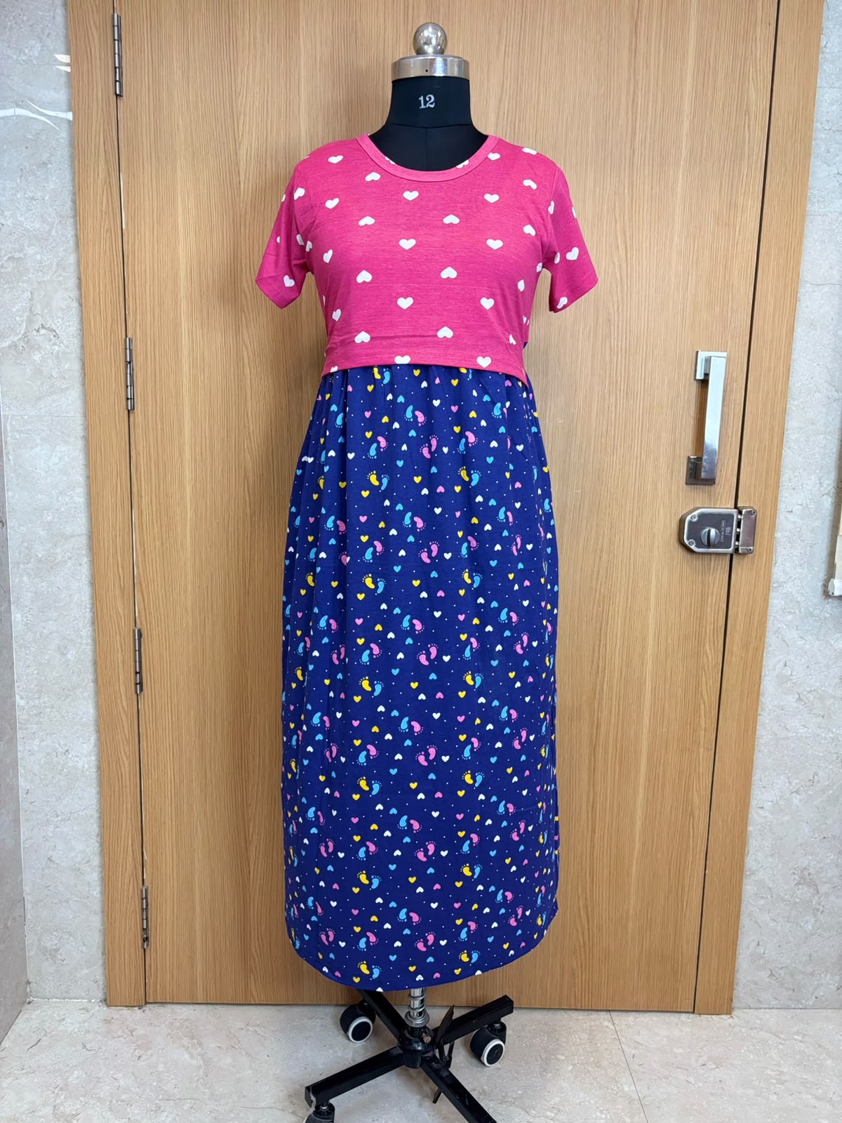 Pink & Navy Blue Heart and Paisley Print Round Neck Half Sleeve Dual Color Maxi