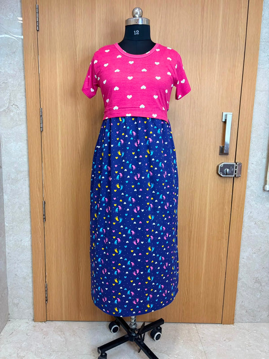 Pink & Navy Blue Heart and Paisley Print Round Neck Half Sleeve Dual Color Maxi