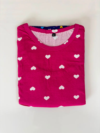 Pink & Navy Blue Heart and Paisley Print Round Neck Half Sleeve Dual Color Maxi
