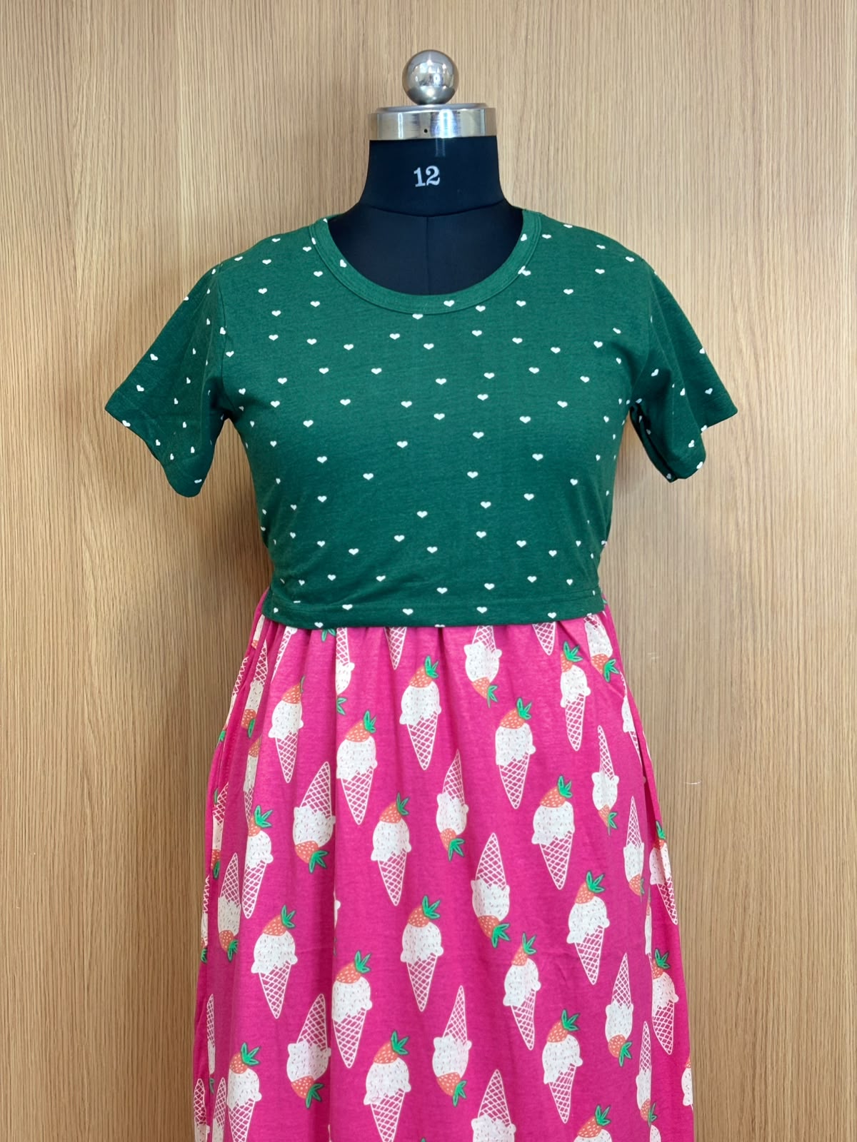 Bottle Green & Hot Pink Ice Cream Print Round Neck Half Sleeve Dual Color Maxi