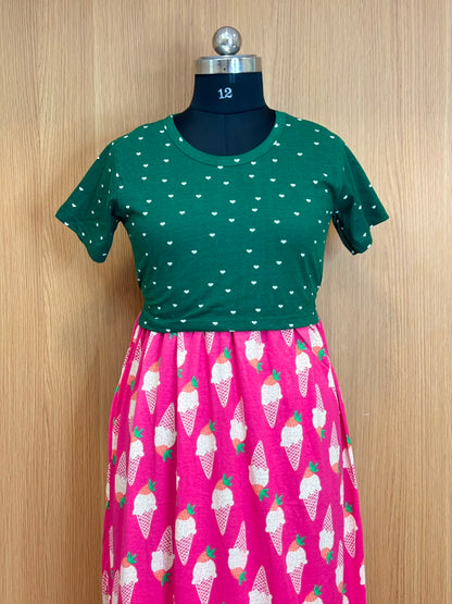 Bottle Green & Hot Pink Ice Cream Print Round Neck Half Sleeve Dual Color Maxi