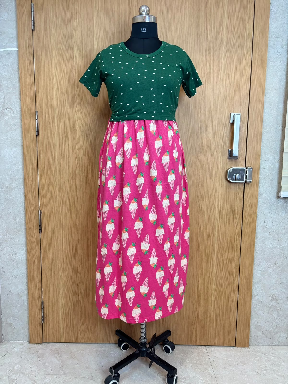 Bottle Green & Hot Pink Ice Cream Print Round Neck Half Sleeve Dual Color Maxi