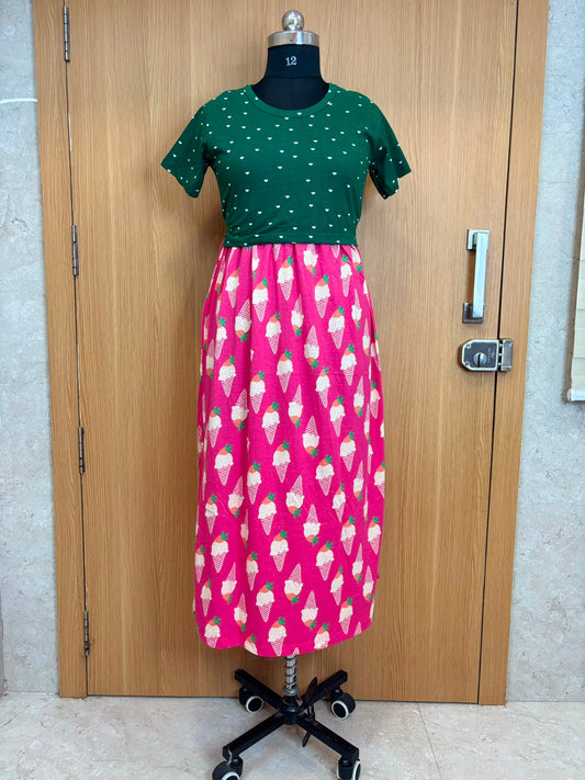 Bottle Green & Hot Pink Ice Cream Print Round Neck Half Sleeve Dual Color Maxi