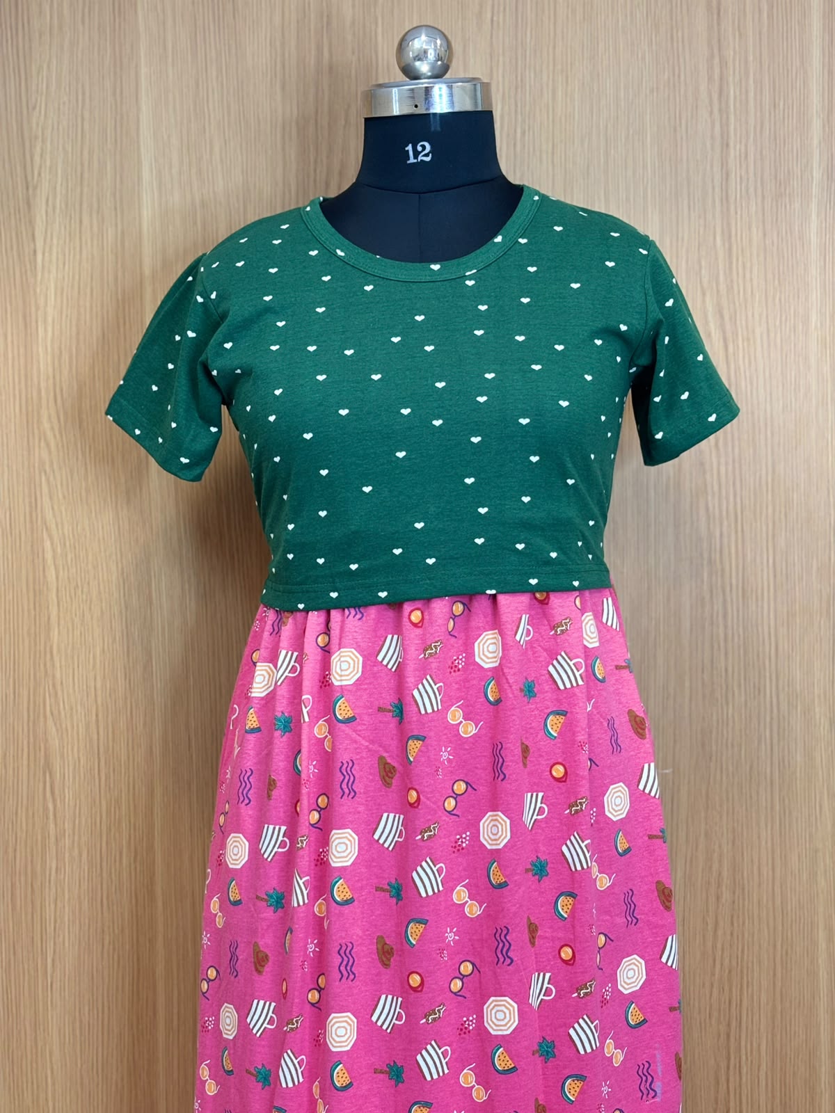 Bottle Green Heart Print Top & Pink Summer Fun Print Dual Color Maxi Dress