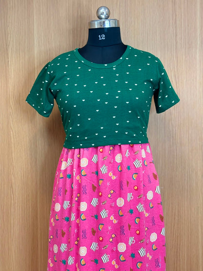 Bottle Green Heart Print Top & Pink Summer Fun Print Dual Color Maxi Dress
