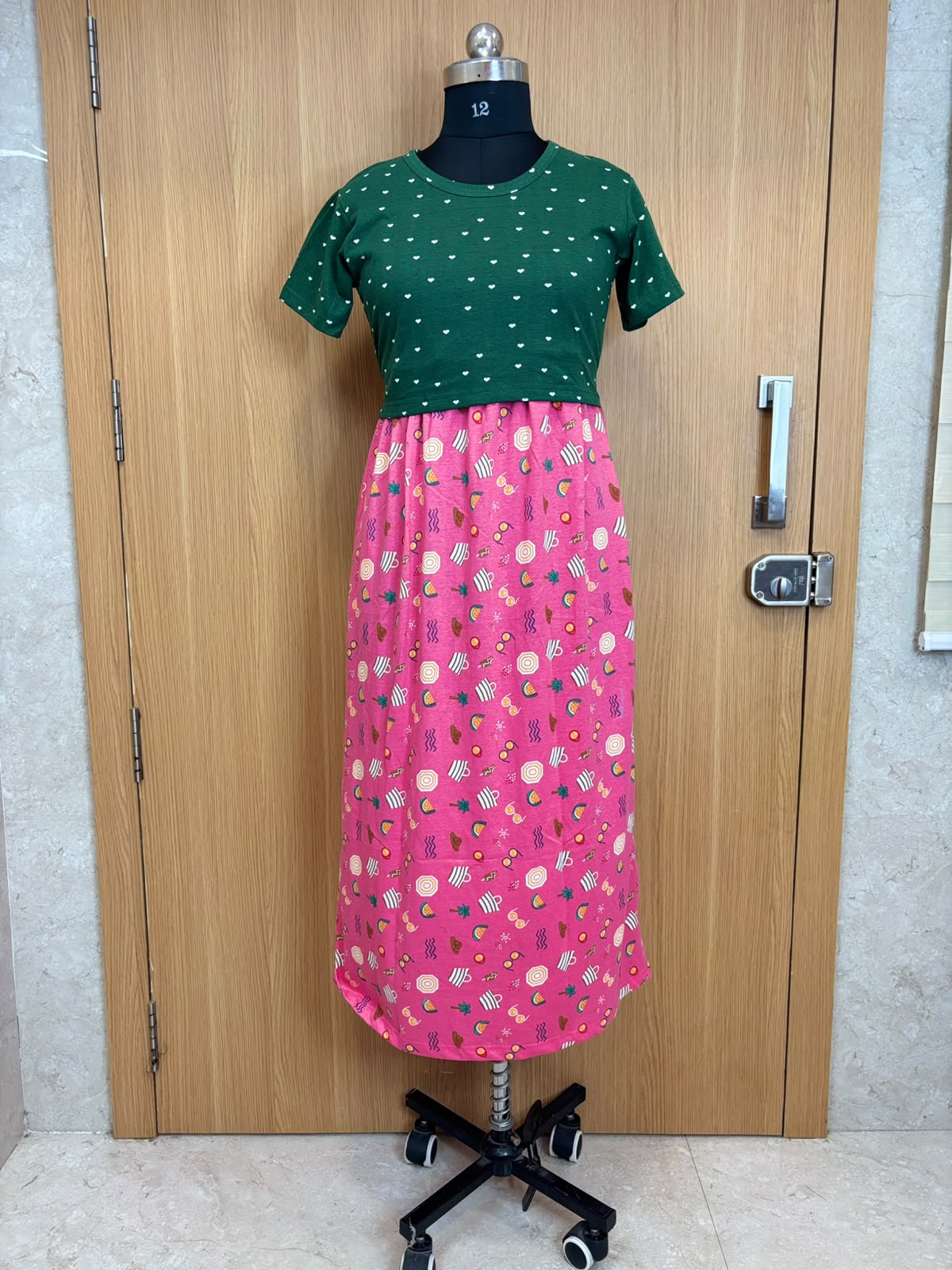 Bottle Green Heart Print Top & Pink Summer Fun Print Dual Color Maxi Dress