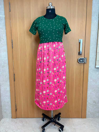 Bottle Green Heart Print Top & Pink Summer Fun Print Dual Color Maxi Dress