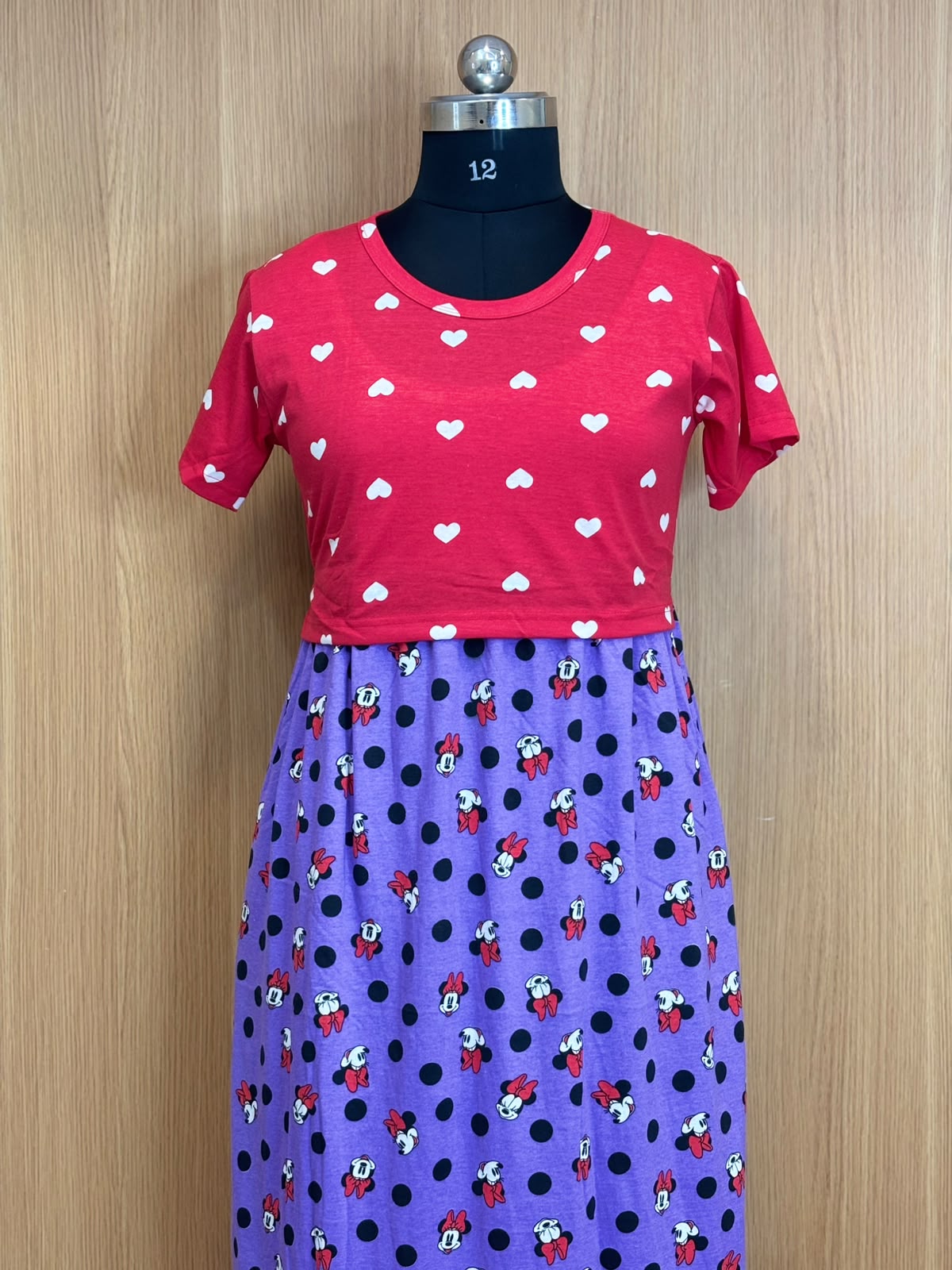 Cherry Red Heart Print Top & Lavender Polka Dot Character Print Dual Color Maxi
