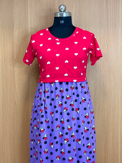 Cherry Red Heart Print Top & Lavender Polka Dot Character Print Dual Color Maxi