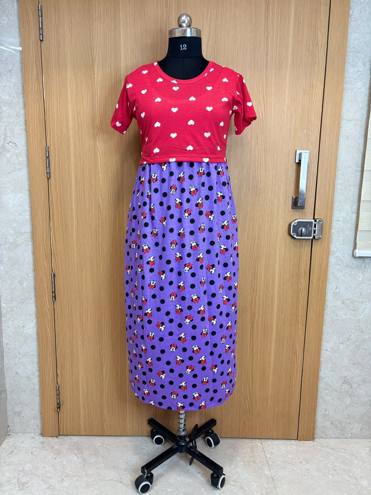 Cherry Red Heart Print Top & Lavender Polka Dot Character Print Dual Color Maxi