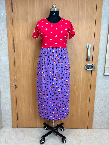 Cherry Red Heart Print Top & Lavender Polka Dot Character Print Dual Color Maxi