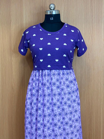 Royal Purple Heart Print Top & Lavender Floral Print Dual Color Maxi