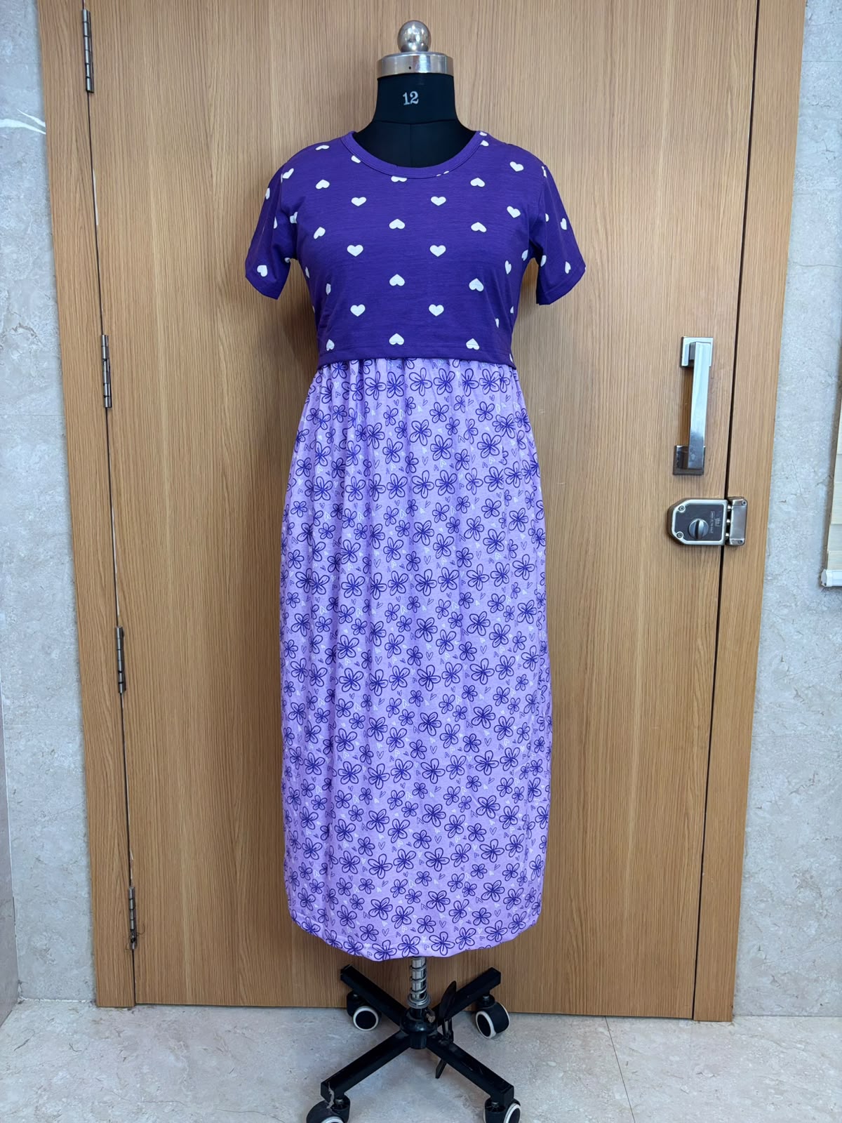 Royal Purple Heart Print Top & Lavender Floral Print Dual Color Maxi