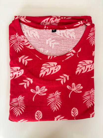 Cherry Red Tropical Leaf Print Feeding Maxi