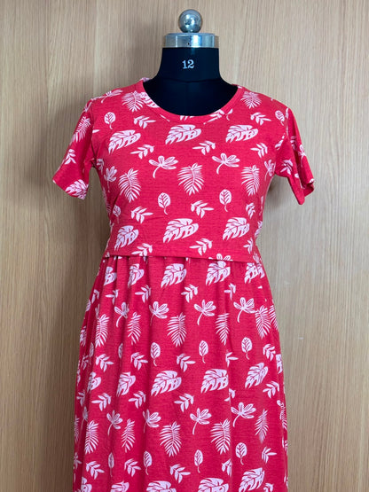 Cherry Red Tropical Leaf Print Feeding Maxi
