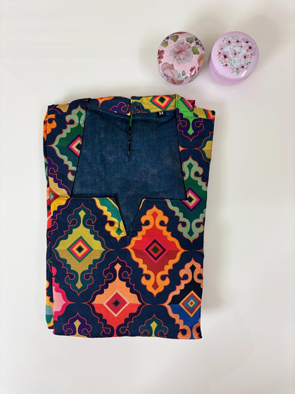 Navy Blue With Geometric Diamond Printed Outdoor Blended Cotton Non Feeding Maxi